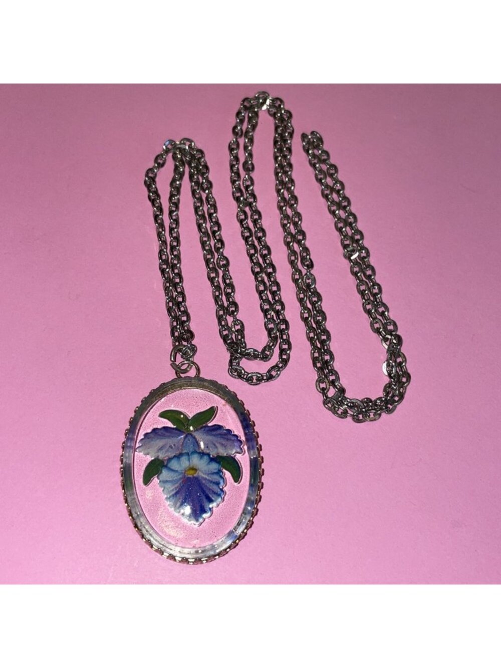 Vintage Purple Iris Flower Intaglio Glass Pendant On Silver-tone 34” Chain
